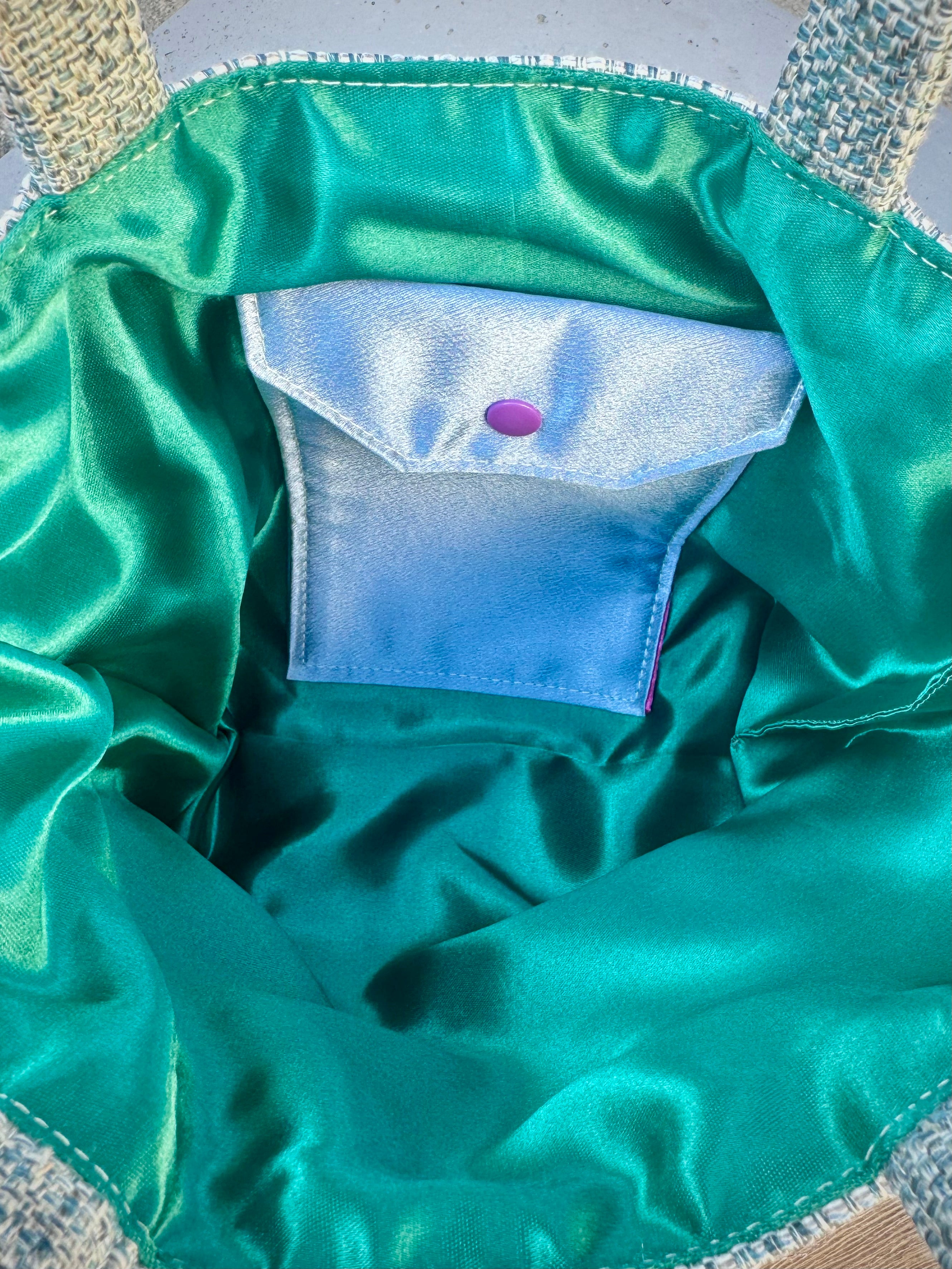Tweedy // Light Blue with Green Satin Lining, Gold embellished Cork-bottom purse