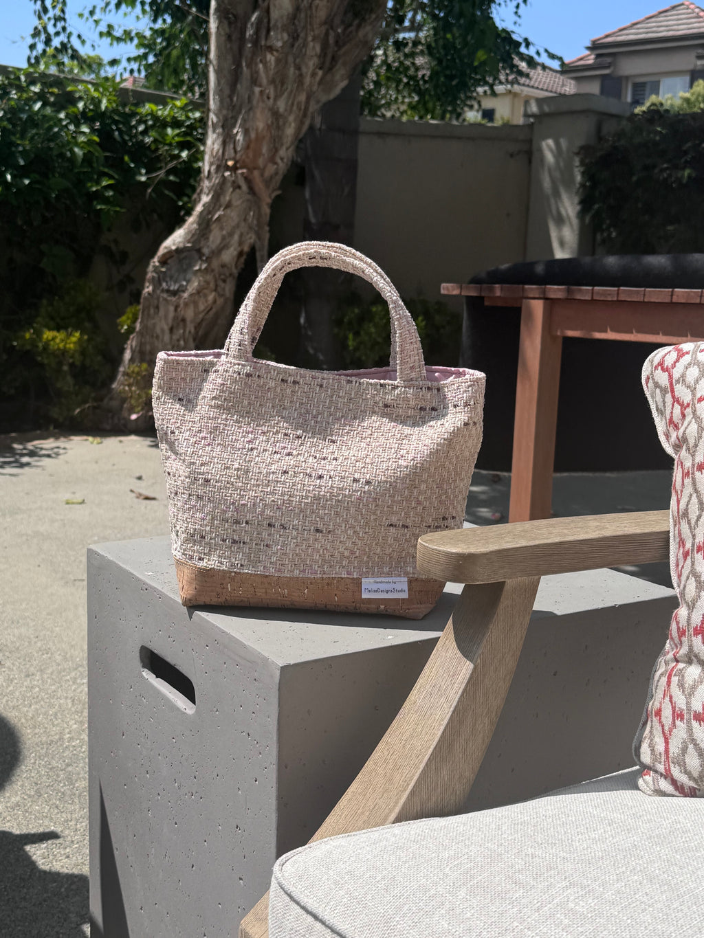 Tweedy // Pink with Pink lining, Gold embellished Cork-bottom purse