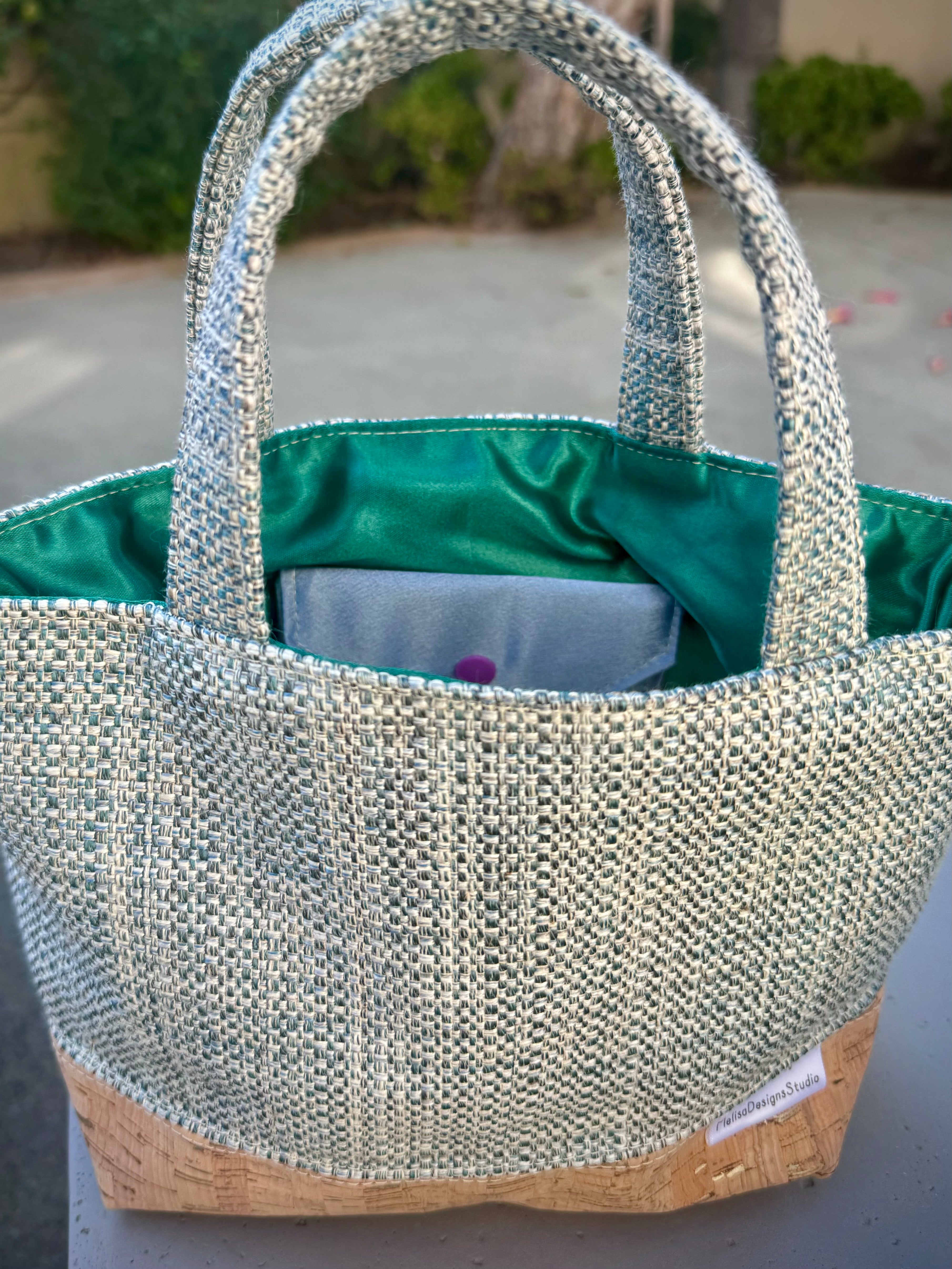 Tweedy // Light Blue with Green Satin Lining, Gold embellished Cork-bottom purse