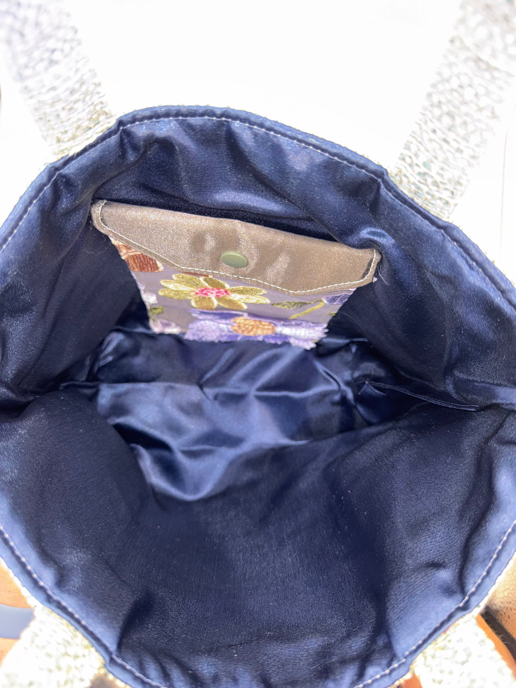 Tweedy // Light Blue with Blue Satin Lining, Gold embellished Cork-bottom purse