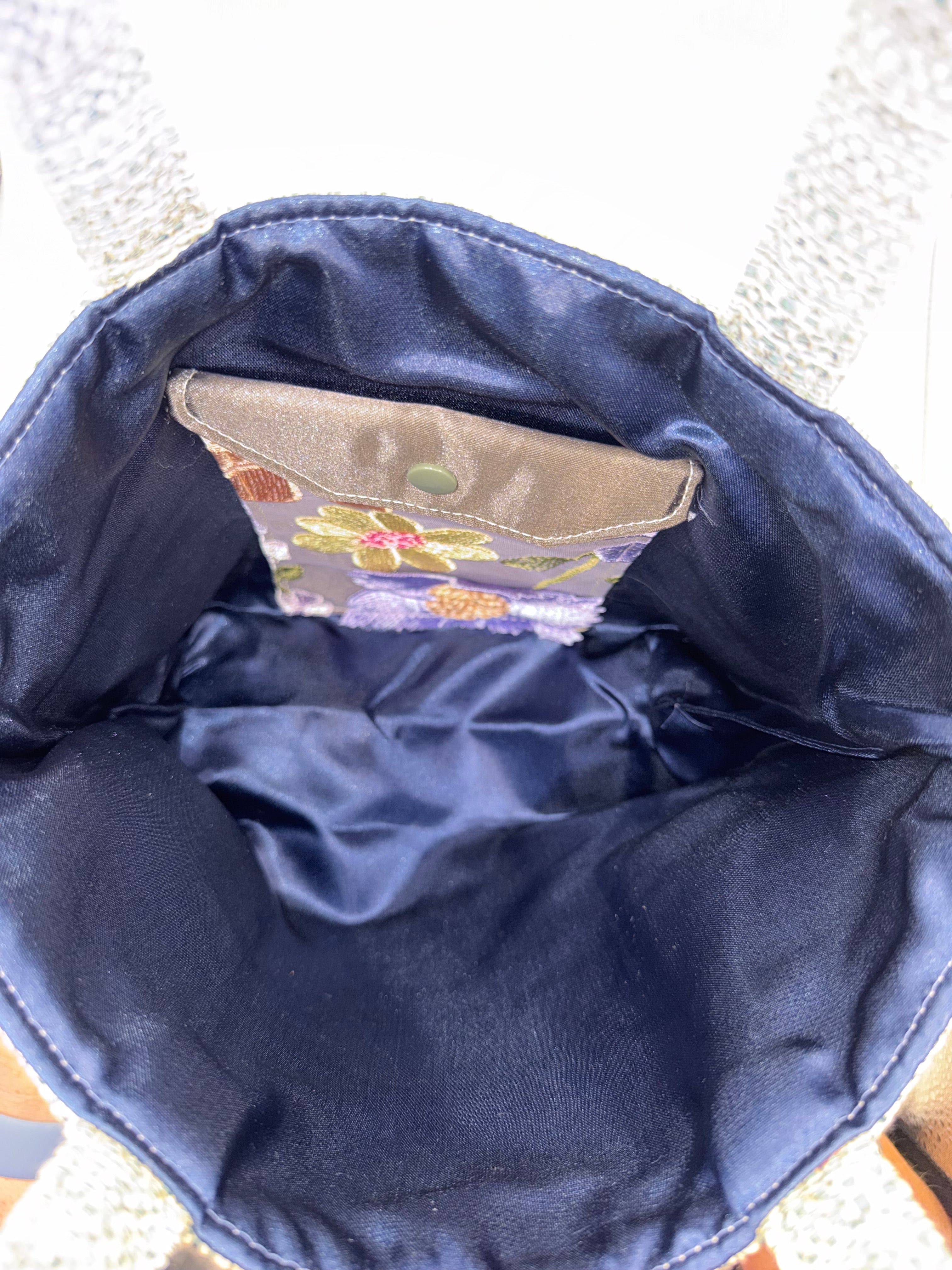 Tweedy // Light Blue with Blue Satin Lining, Gold embellished Cork-bottom purse