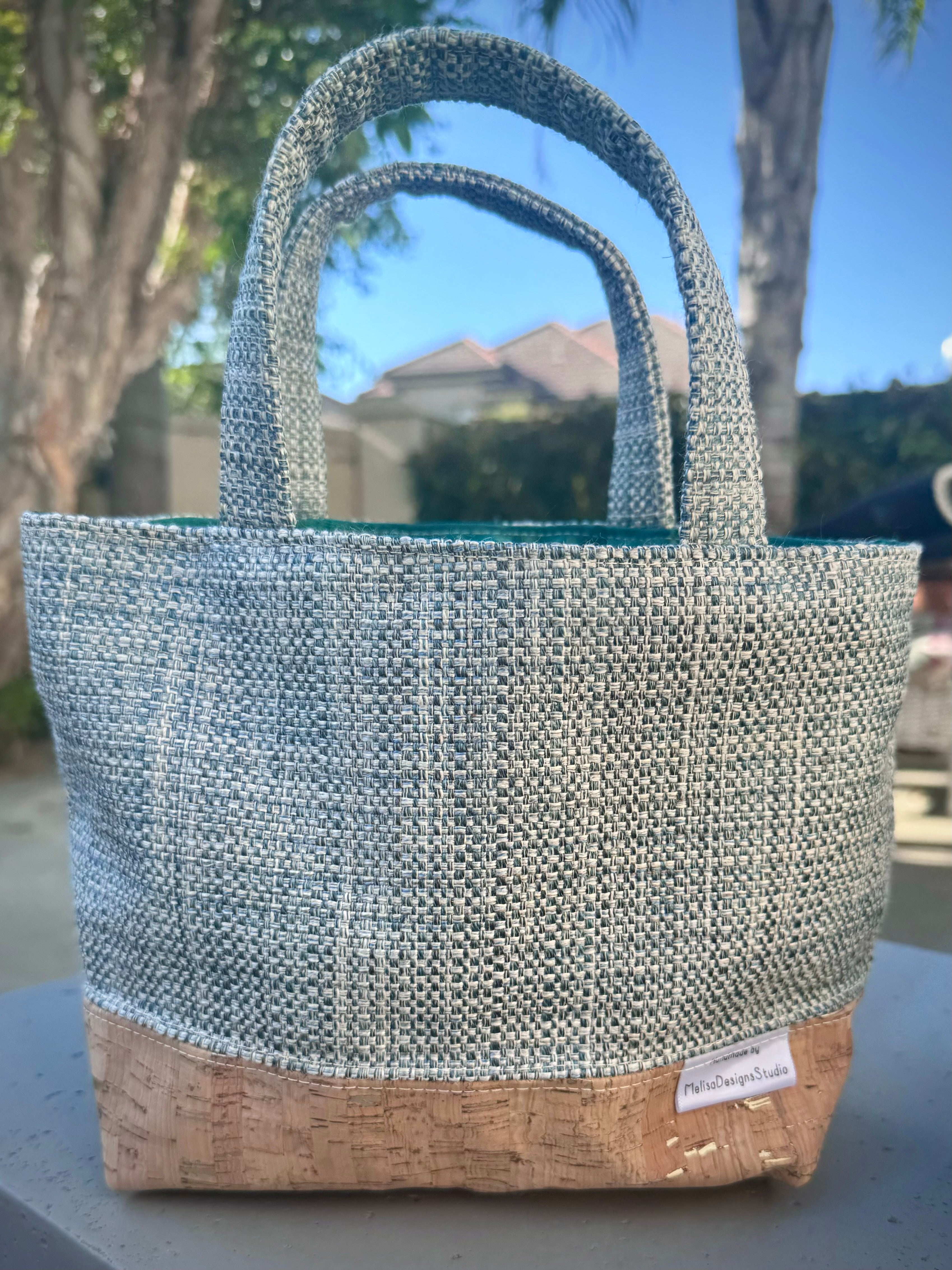 Tweedy // Light Blue with Green Satin Lining, Gold embellished Cork-bottom purse