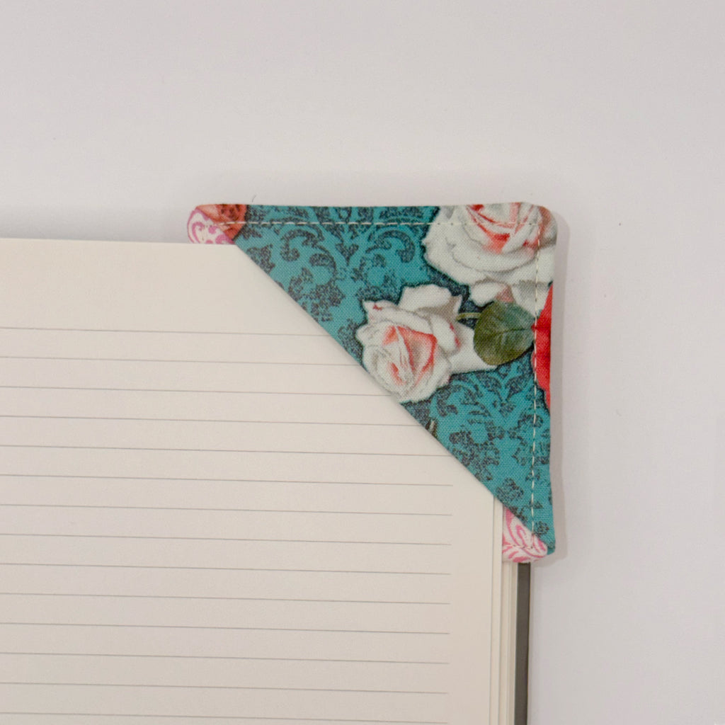 Fabric Bookmark // Pink Damask with Roses on Teal Damask