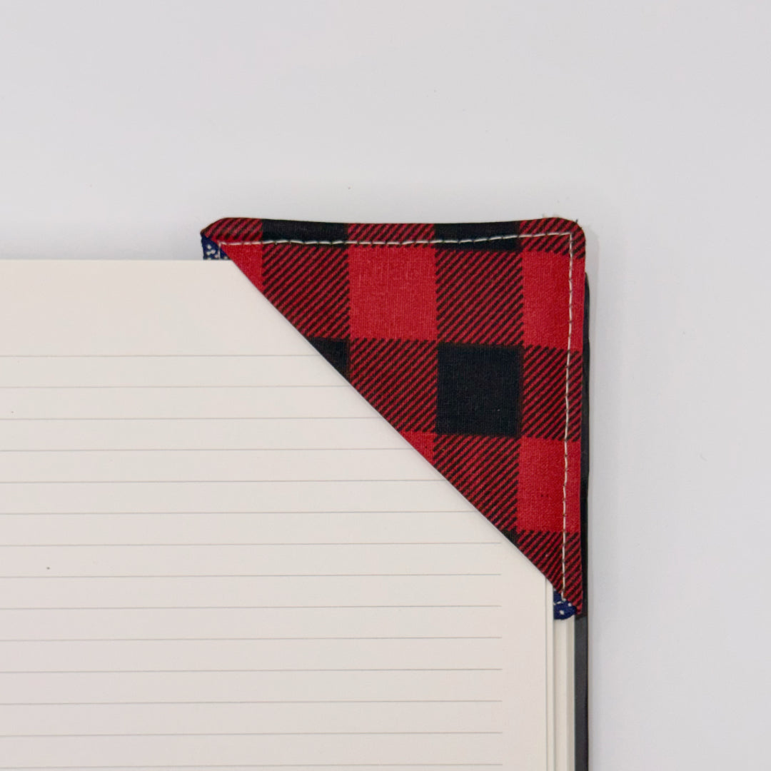 Fabric Bookmark // White Stars on Navy with Red Plaid