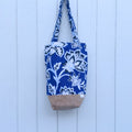Cork Bottomed Tote // S Ottoman Floral Blue with Silver Embellished Cork Fabric
