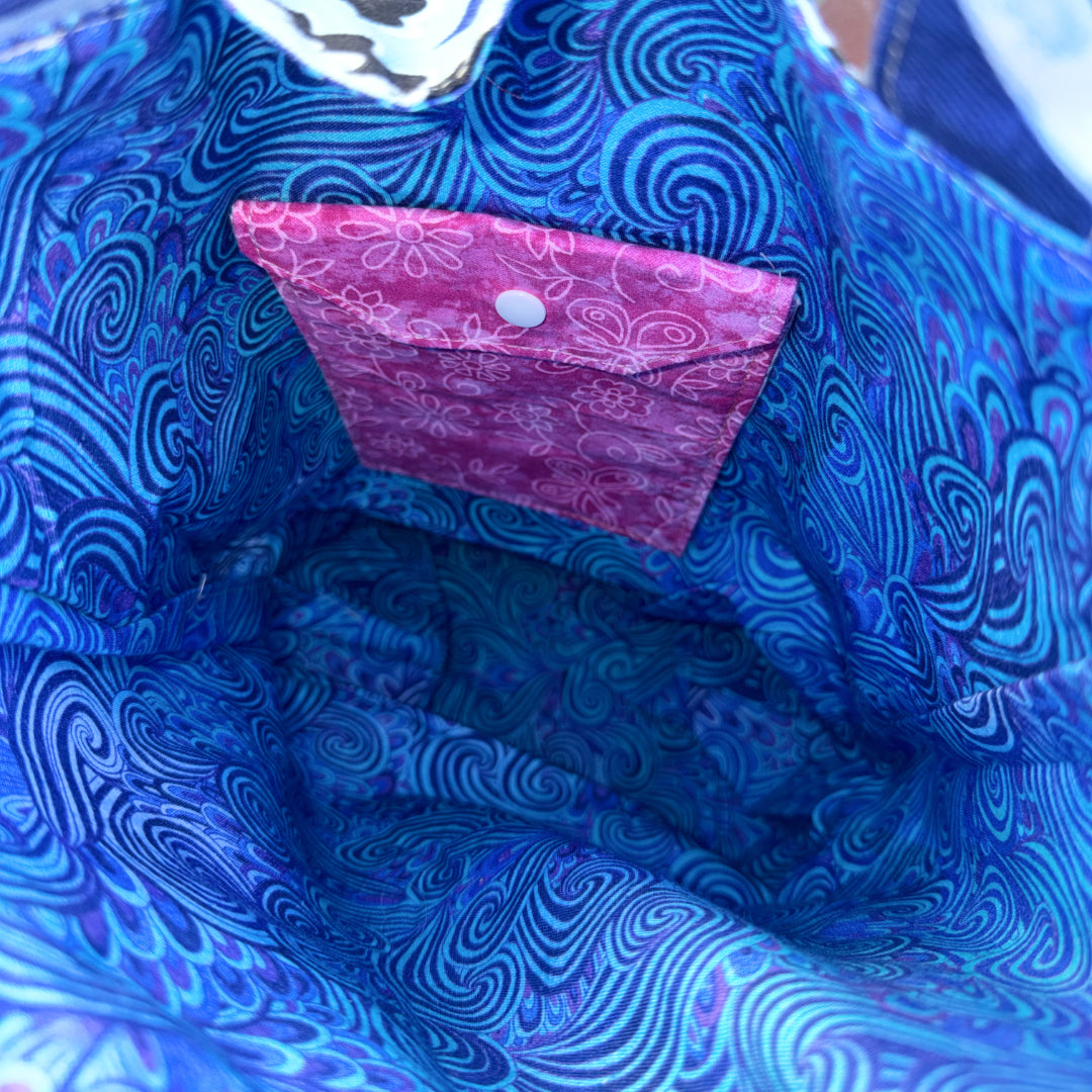 Cork Bottomed Tote // S Ottoman Floral Blue with Silver Embellished Cork Fabric