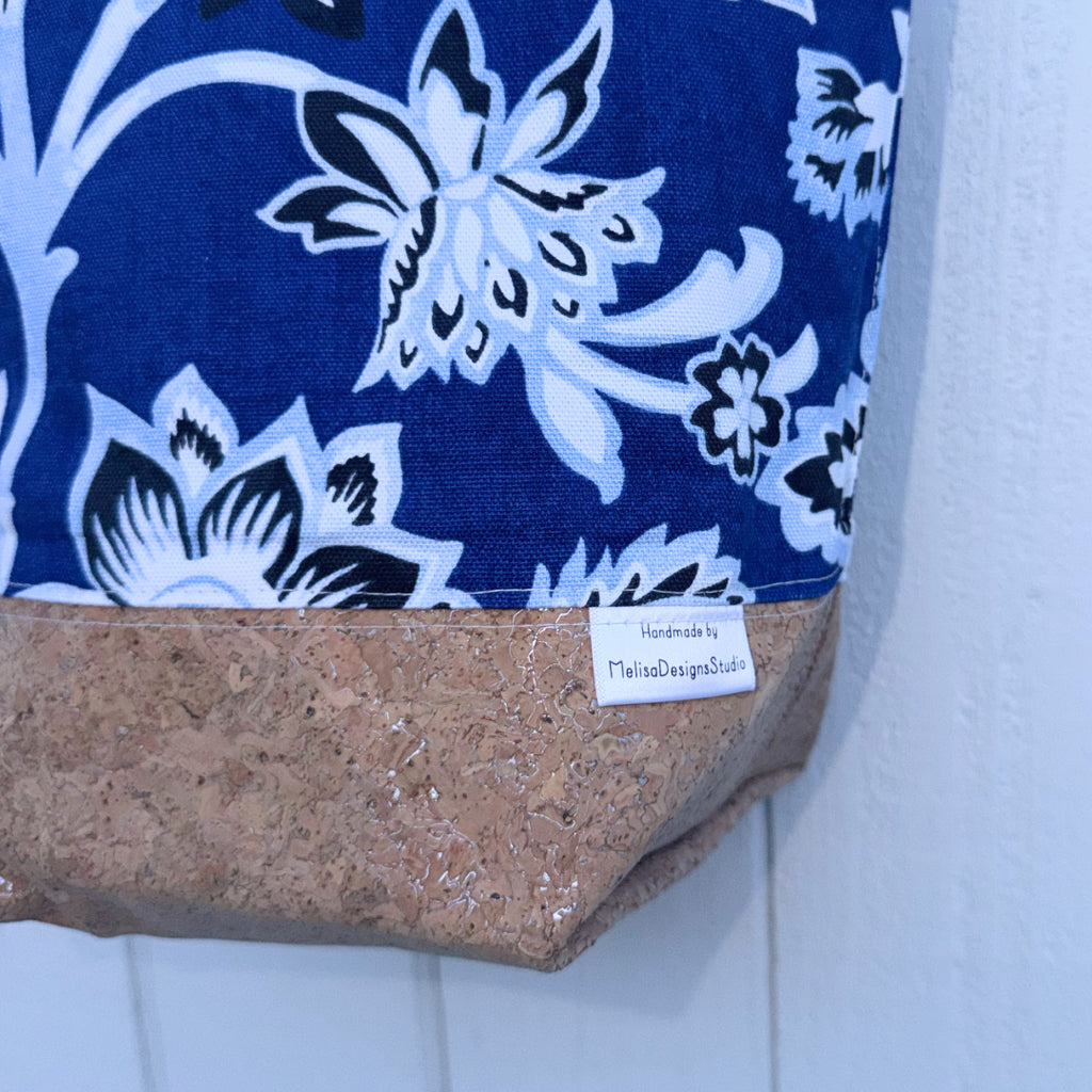 Cork Bottomed Tote // S Ottoman Floral Blue with Silver Embellished Cork Fabric
