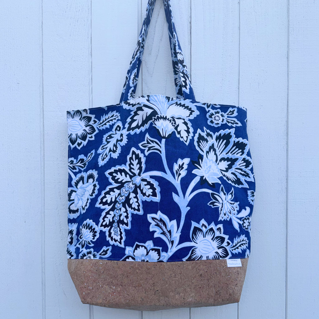 Cork Bottomed Tote // XL Ottoman Floral Blue with Silver Embellished Cork Fabric