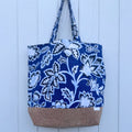 Cork Bottomed Tote // XL Ottoman Floral Blue with Silver Embellished Cork Fabric