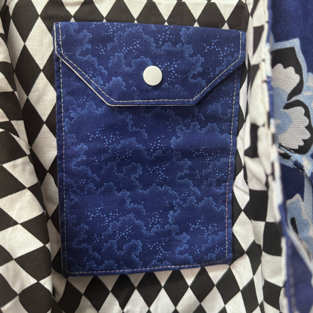 Cork Bottomed Tote // XL Ottoman Floral Blue with Silver Embellished Cork Fabric