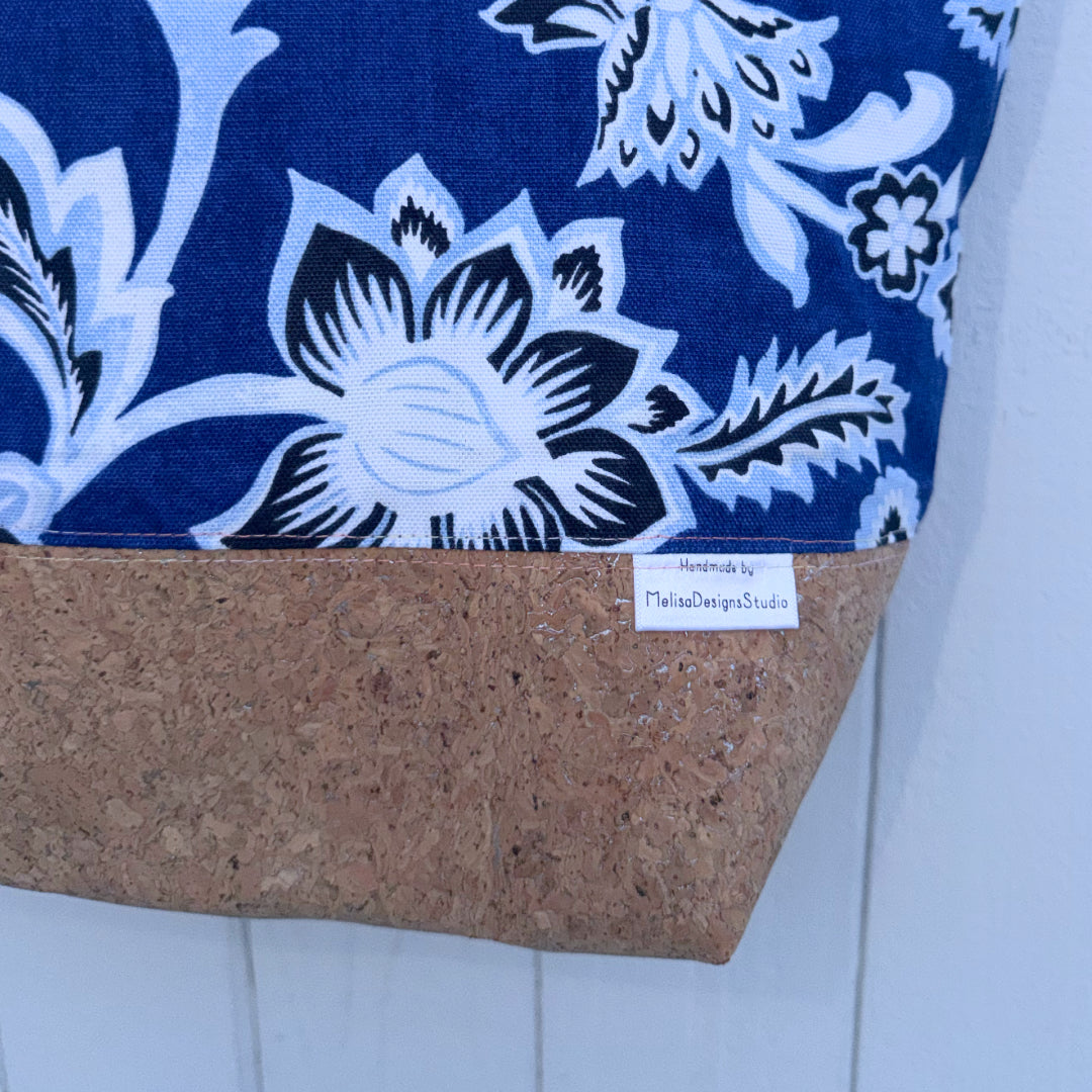 Cork Bottomed Tote // XL Ottoman Floral Blue with Silver Embellished Cork Fabric