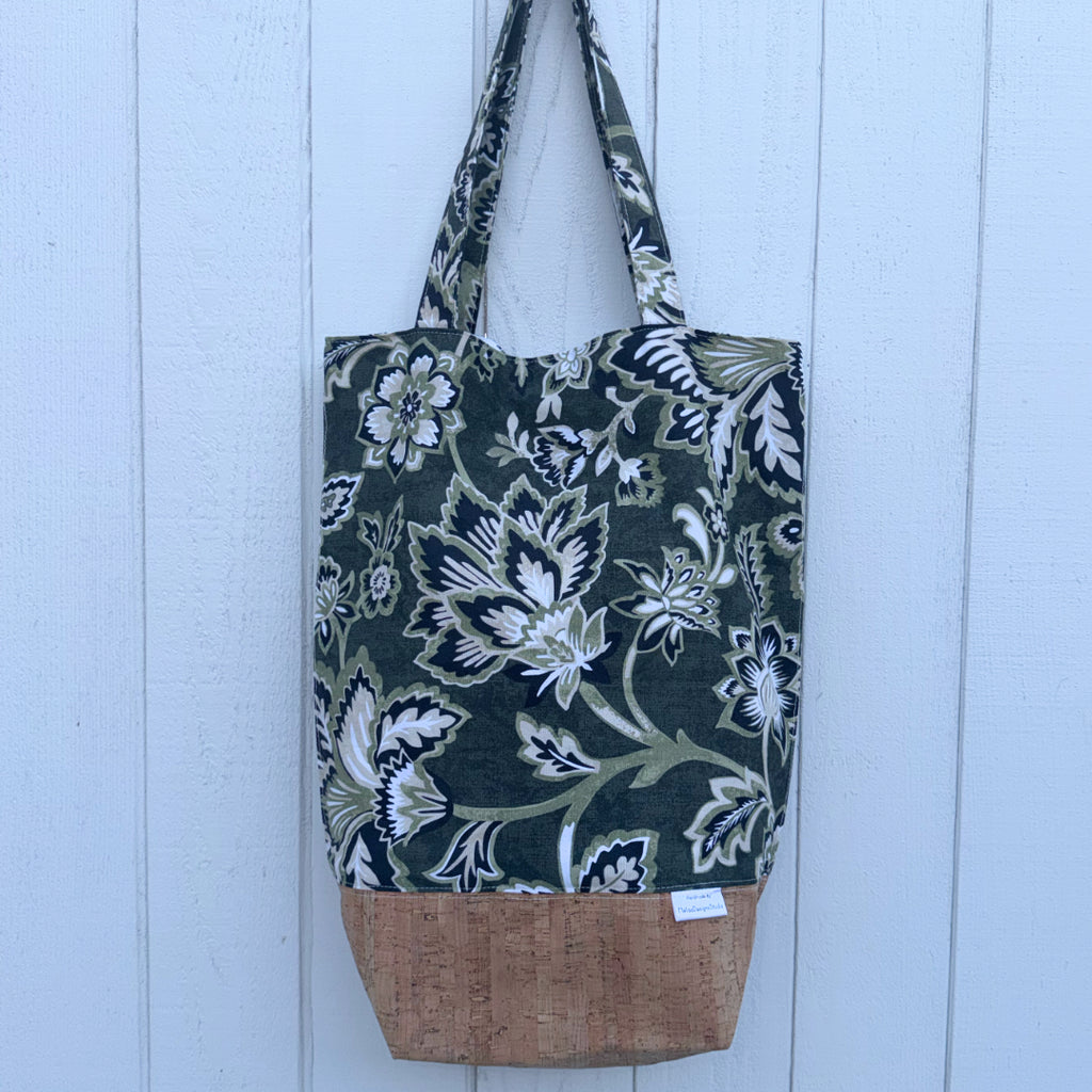 Cork Bottomed Tote // M Ottoman Floral Green with Cork Fabric