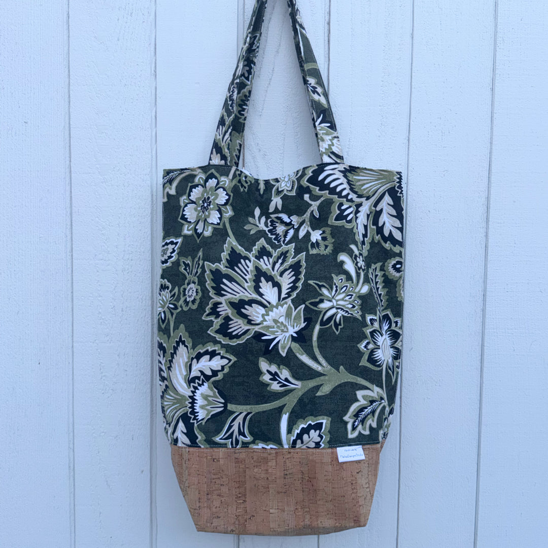 Cork Bottomed Tote // M Ottoman Floral Green with Cork Fabric