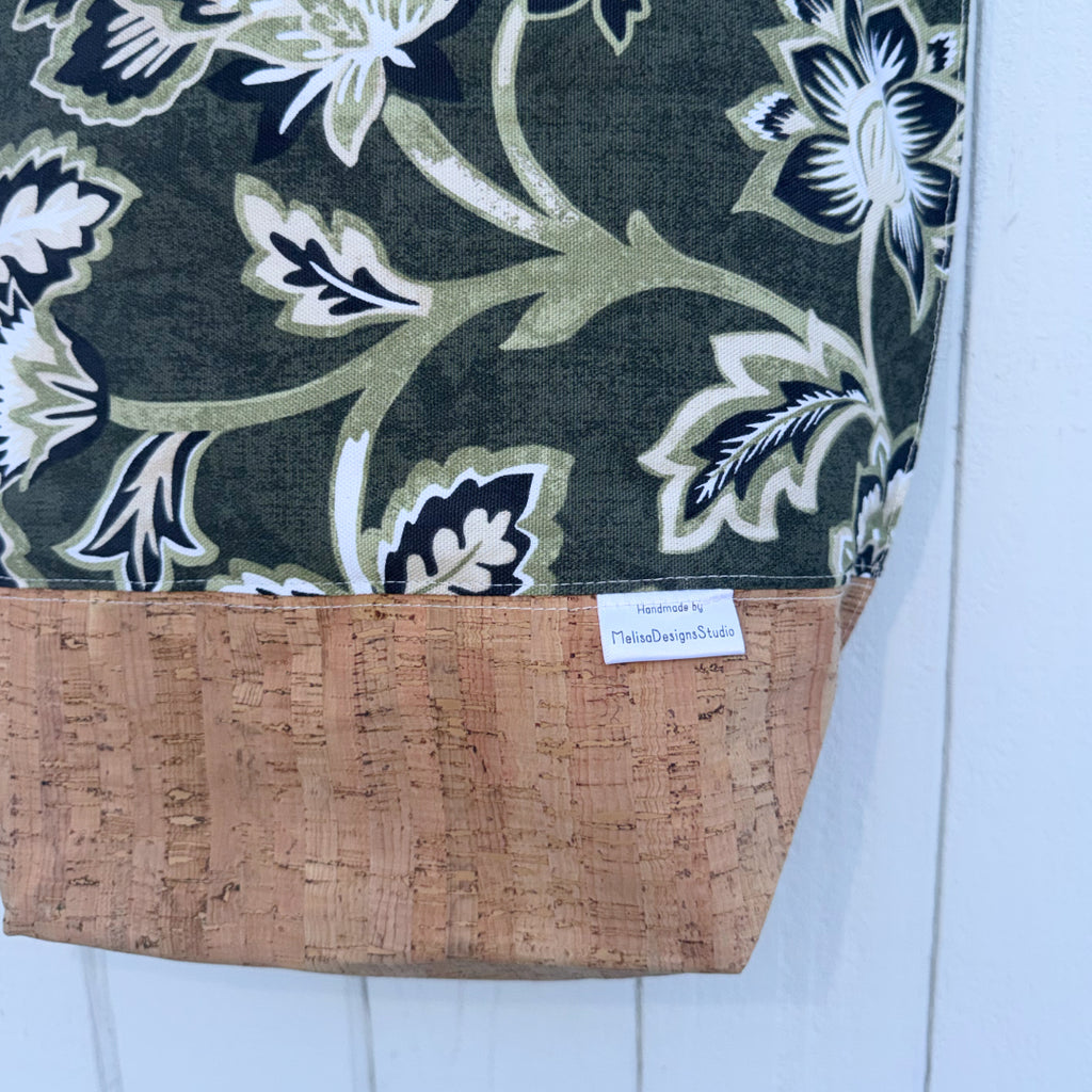 Cork Bottomed Tote // M Ottoman Floral Green with Cork Fabric