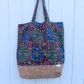 Cork Bottomed Tote // XL Ottoman Mosaic in Red & Blue with Cork Fabric