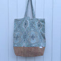 Cork Bottom Tote - XL // Ottoman Mosaic in Teal Print over Natural Cork Fabric