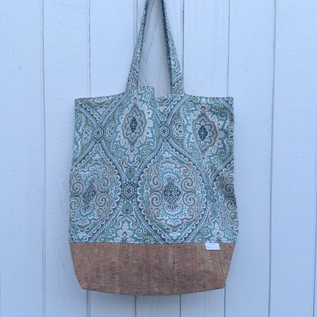 Cork Bottom Tote - XL // Ottoman Mosaic in Teal Print over Natural Cork Fabric