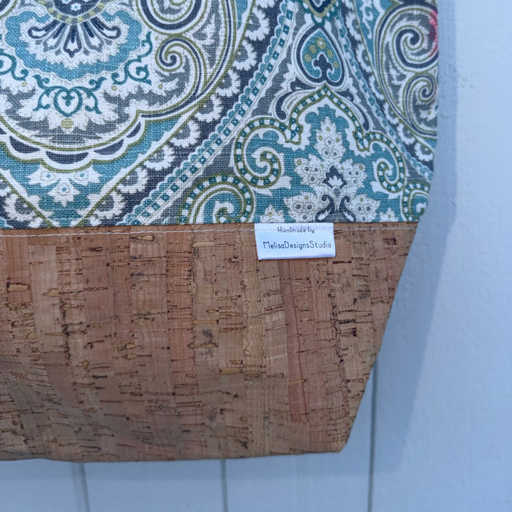 Cork Bottom Tote - XL // Ottoman Mosaic in Teal Print over Natural Cork Fabric