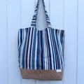 Cork Bottomed Totes // XL Blue Striped with Silver Embellished Cork Fabric