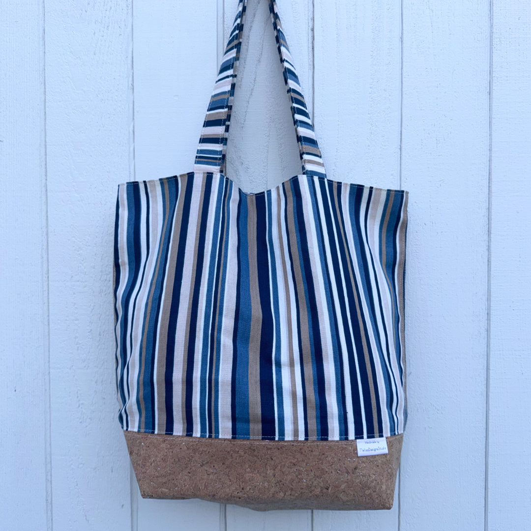 Cork Bottomed Totes // XL Blue Striped with Silver Embellished Cork Fabric
