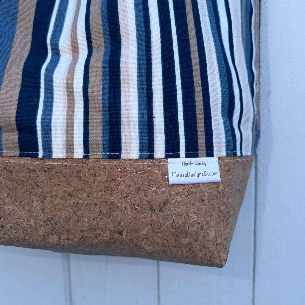 Cork Bottomed Totes // XL Blue Striped with Silver Embellished Cork Fabric
