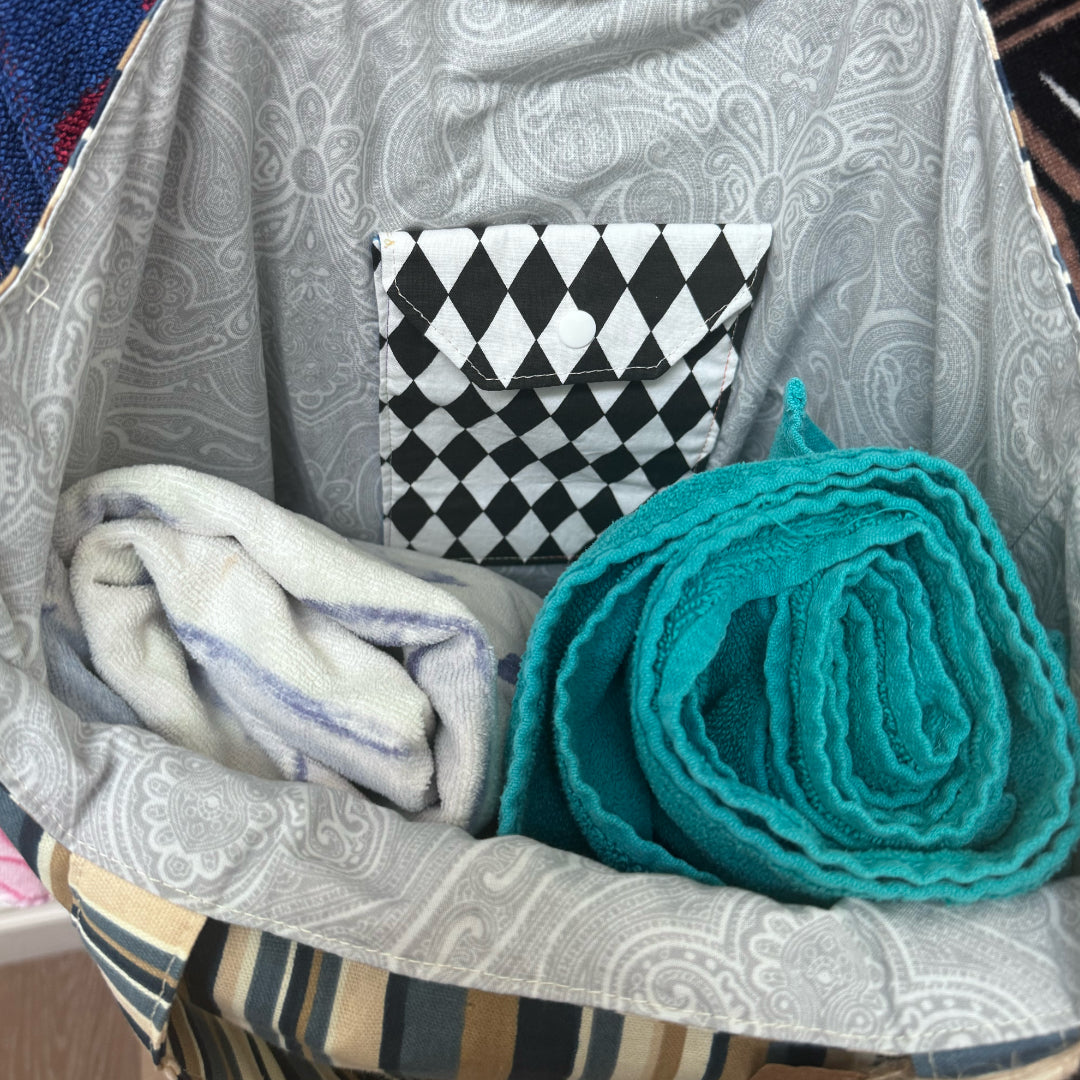 Cork Bottomed Totes // XL Blue Striped with Silver Embellished Cork Fabric
