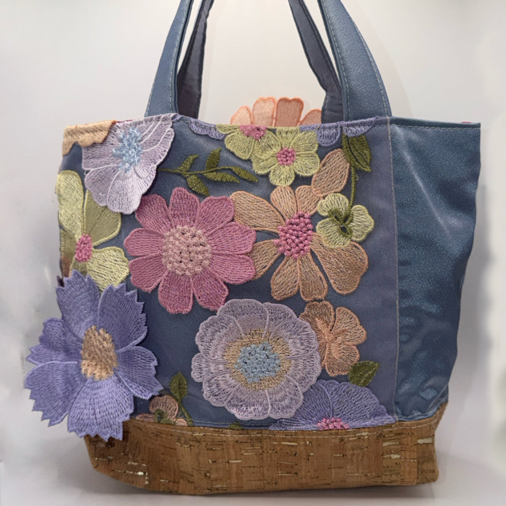 The Flora - Cork & Appliqué Flower Handbag // Blue with Pink Lining