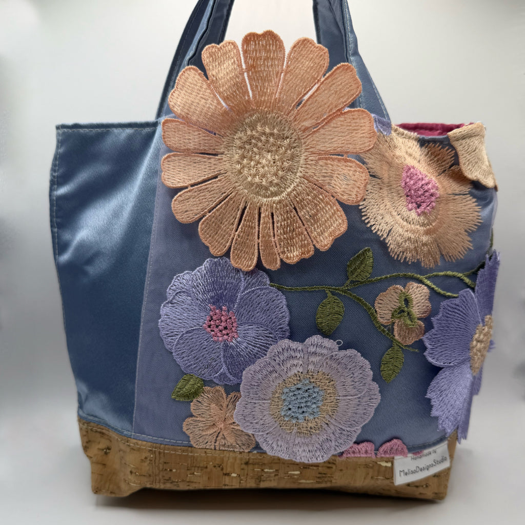 The Flora - Cork & Appliqué Flower Handbag // Blue with Pink Lining