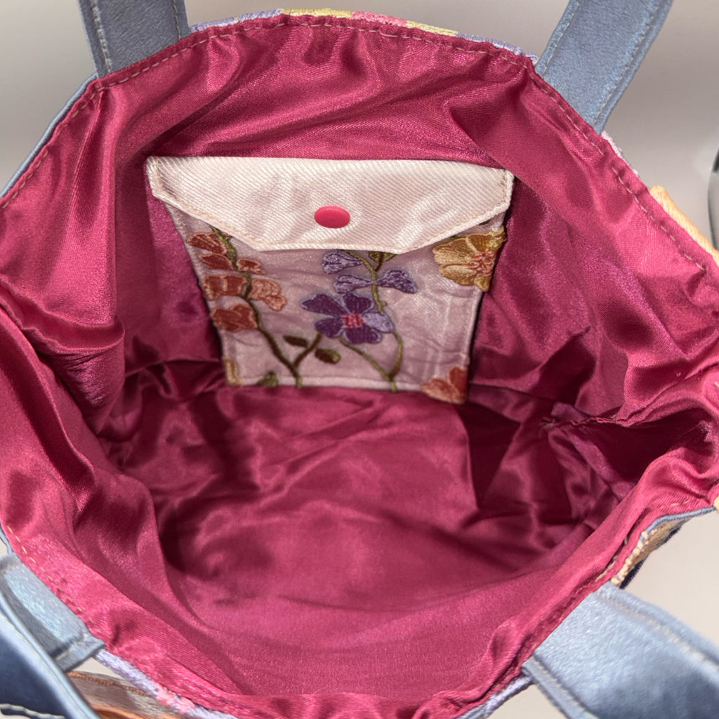 The Flora - Cork & Appliqué Flower Handbag // Blue with Pink Lining
