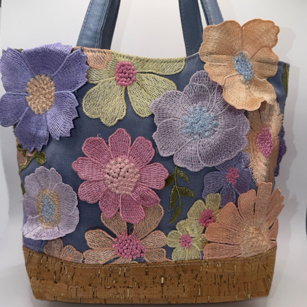 Flora - Cork & Appliqué Flower Handbag // Blue with White Lining