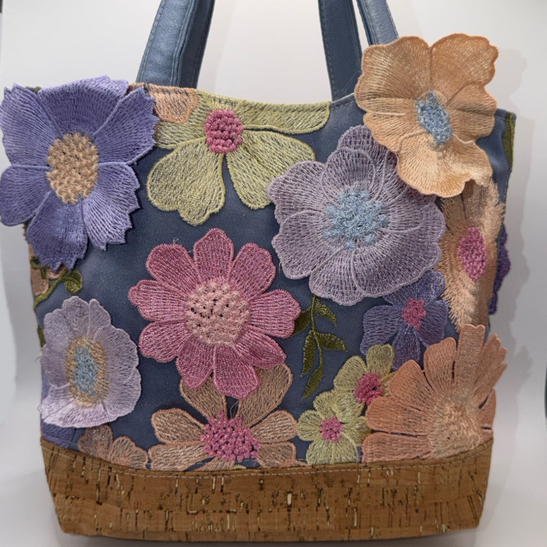 Flora - Cork & Appliqué Flower Handbag // Blue with White Lining