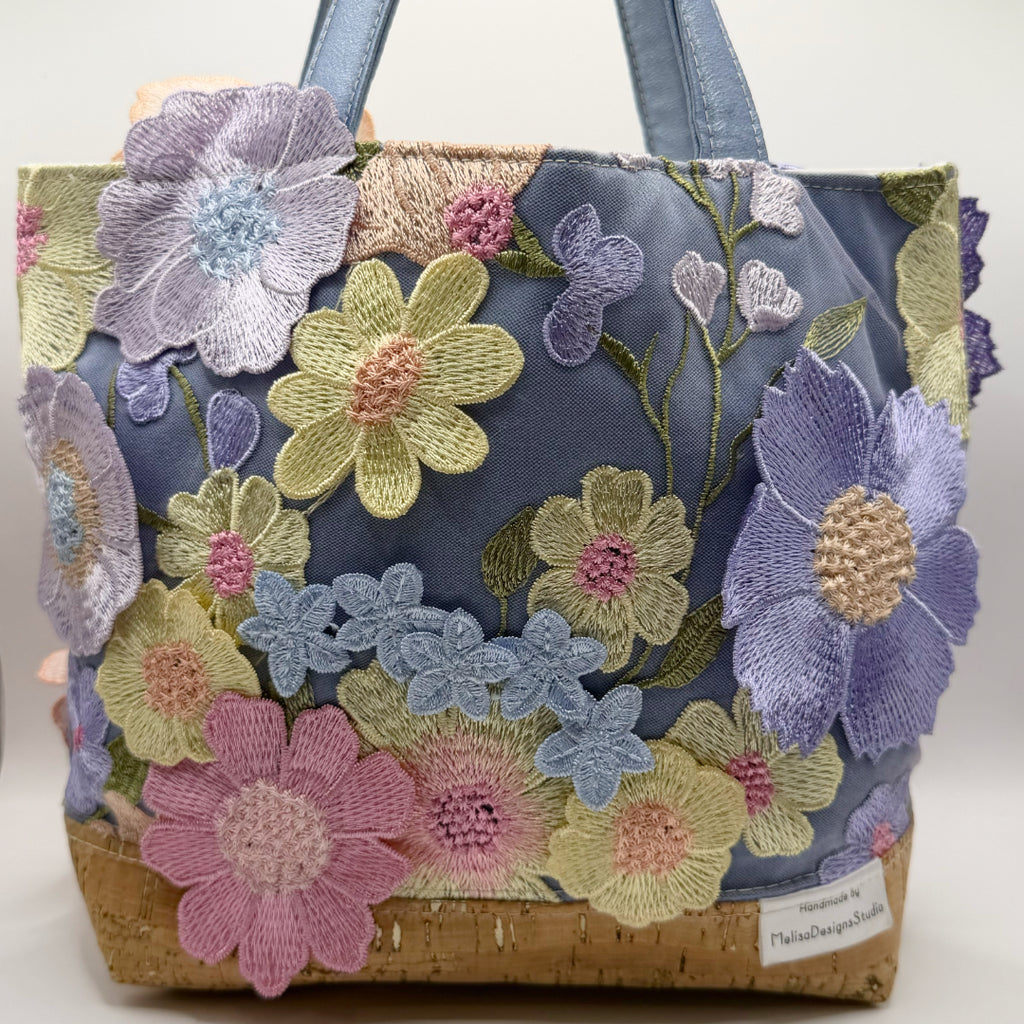 Flora - Cork & Appliqué Flower Handbag // Blue with White Lining