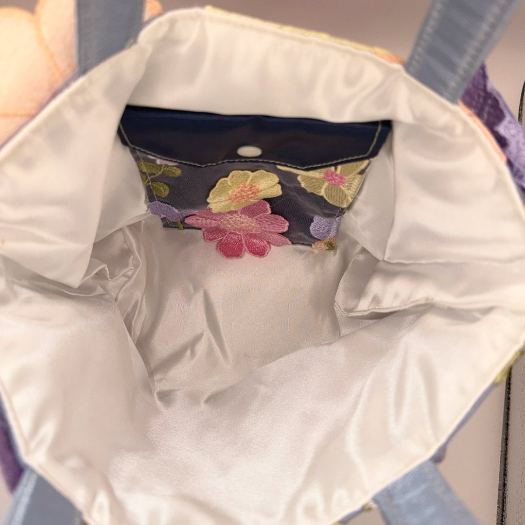 Flora - Cork & Appliqué Flower Handbag // Blue with White Lining